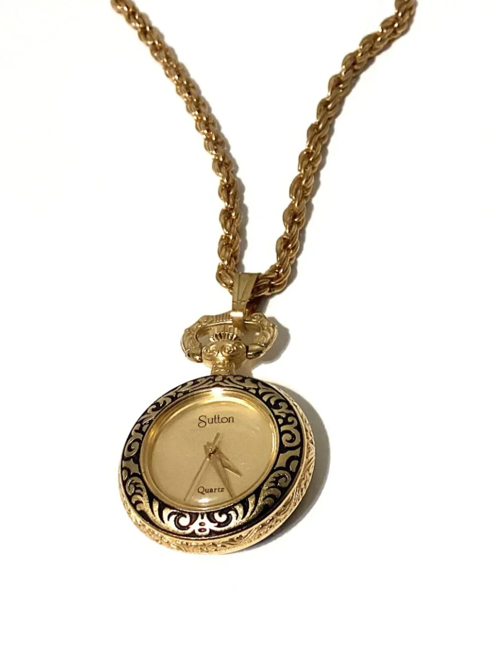 Vintage Pocket Watch, Unique Long Chain Gold Tone, WORKS! Victorian Retro